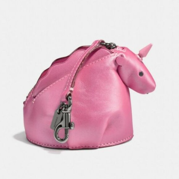 Coach Unicorn Metallic Pink keychain Bag Charm Coin Purse Stud Zipper NWT Leash - Picture 3 of 9